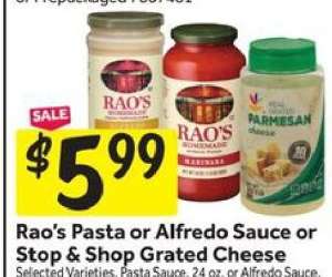 Rao's Pasta or Alfredo Sauce or Stop & Shop Grated Cheese