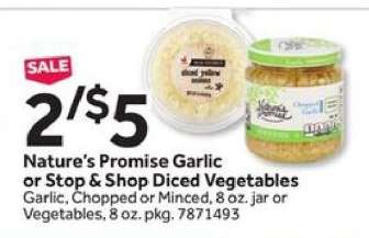 Nature's Promise Garlic or Stop & Shop Diced Vegetables
