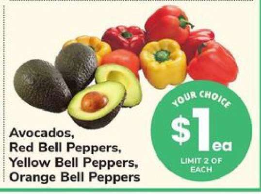 Avocados, Red Bell Peppers, Yellow Bell Peppers, Orange Bell Peppers