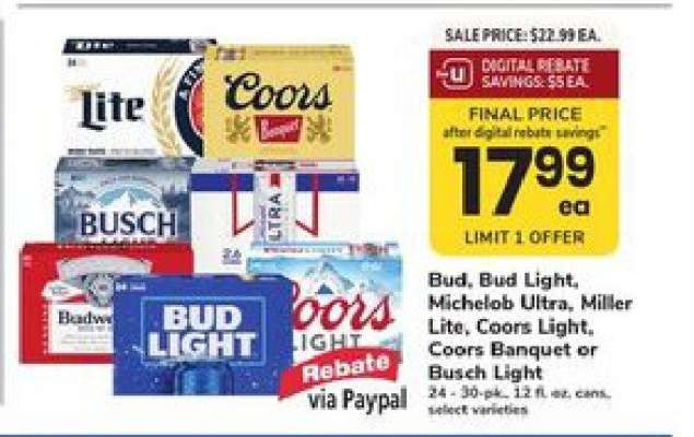Bud, Bud Light, Michelob Ultra, Miller Lite, Coors Light, Coors Banquet or Busch Light