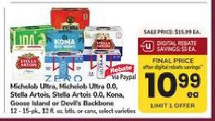 Michelob Ultra, Michelob Ultra 0.0, Stella Artois, Stella Artois 0.0, Kona, Goose Island or Devil's Backbone