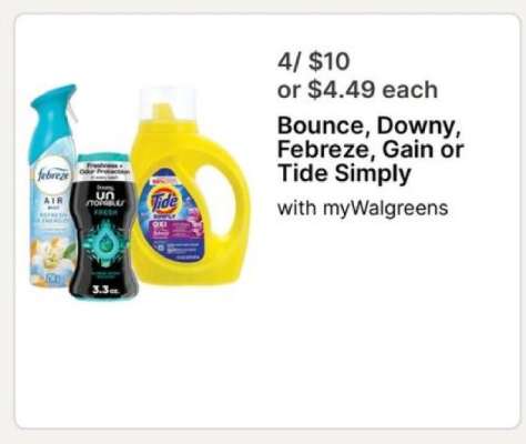 Bounce, Downy, Febreze, Gain or Tide Simply