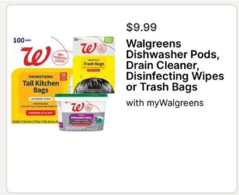 Walgreens Dishwasher Pods, Drain Cleaner, Disinfecting Wipes or Trash Bags