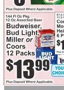 Budweiser, Bud Light, Miller or Coors 12 Packs