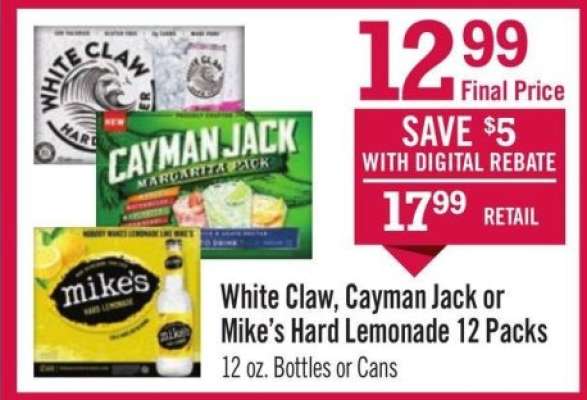 White Claw, Cayman Jack or Mike’s Hard Lemonade 12 Packs