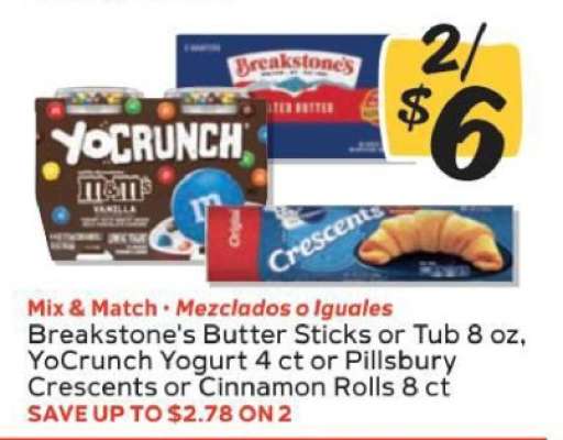Breakstone's Butter Sticks or Tub, YoCrunch Yogurt, Pillsbury Crescents or Cinnamon Rolls