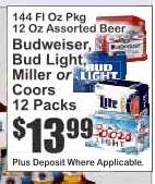 Budweiser, Bud Light, Miller or Coors 12 Packs