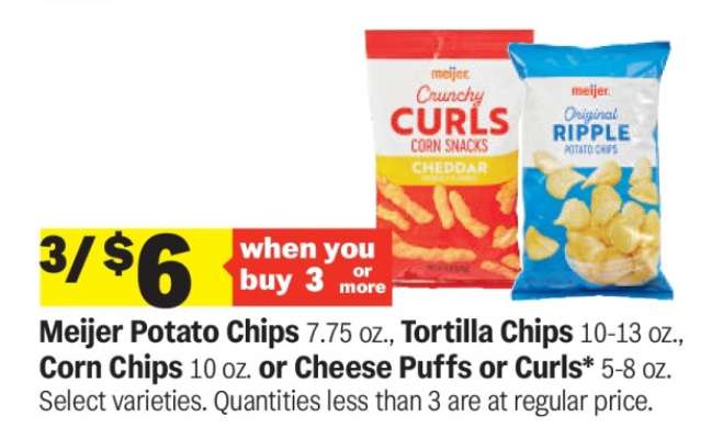 Meijer Potato Chips, Tortilla Chips, Corn Chips, Cheese Puffs or Curls