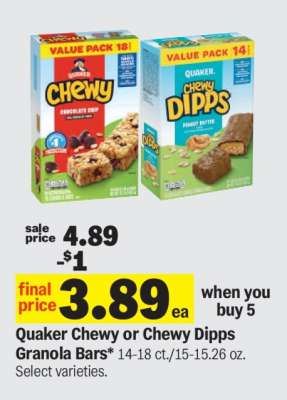Quaker Chewy or Chewy Dipps Granola Bars