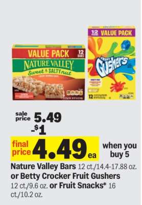 Nature Valley Bars or Betty Crocker Fruit Gushers or Fruit Snacks