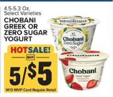 Chobani Greek or Zero Sugar Yogurt