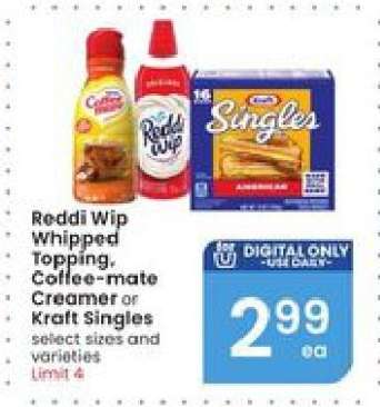Reddi Wip Whipped Topping, Coffee-mate Creamer or Kraft Singles
