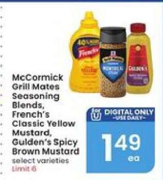 McCormick Grill Mates Seasoning Blends, French's Classic Yellow Mustard, Gulden's Spicy Brown Mustard
