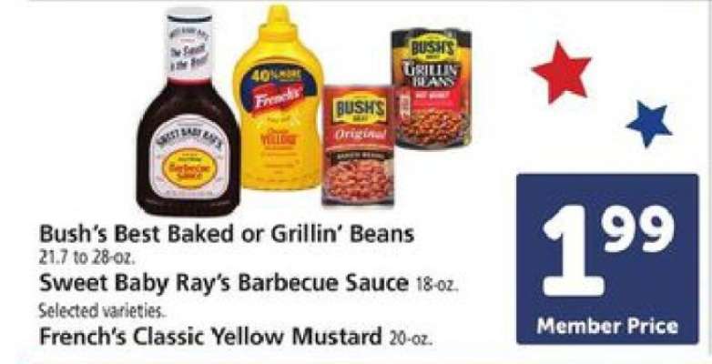 Bush's Best Baked or Grillin' Beans, Sweet Baby Ray's Barbecue Sauce, French's Classic Yellow Mustard