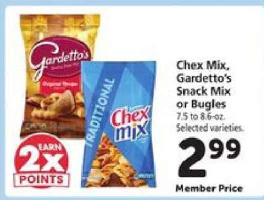 Chex Mix, Gardetto's Snack Mix or Bugles