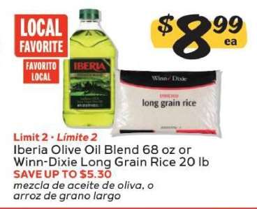 Iberia Olive Oil Blend 68 oz or Winn-Dixie Long Grain Rice 20 lb