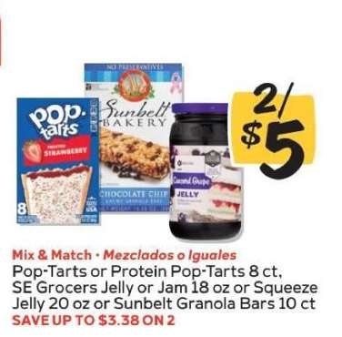 Pop-Tarts or Protein Pop-Tarts, SE Grocers Jelly or Jam, Sunbelt Granola Bars