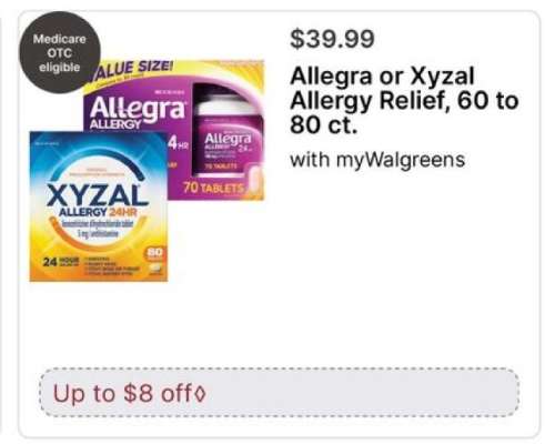 Allegra or Xyzal Allergy Relief, 60 to 80 ct.