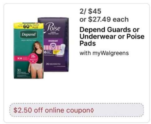 Depend Guards or Underwear or Poise Pads