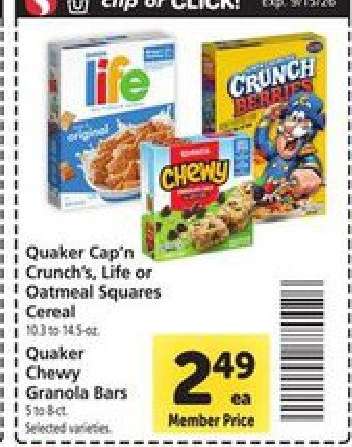 Quaker Cap'n Crunch's, Life or Oatmeal Squares Cereal