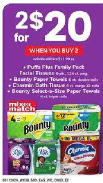 Puffs Plus Family Pack, Bounty Paper Towels, Charmin Bath Tissue, Bounty Select-a-Size Paper Towels