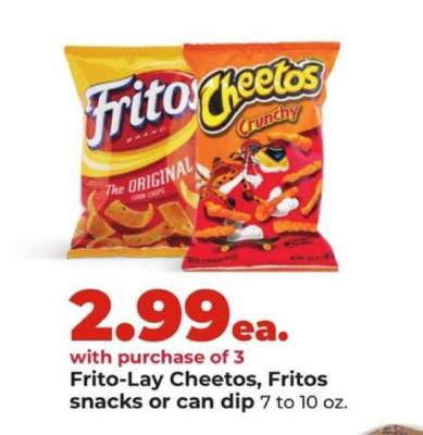Frito-Lay Cheetos, Fritos snacks or can dip