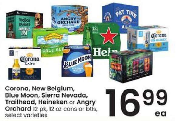 Corona, New Belgium, Blue Moon, Sierra Nevada, Trailhead, Heineken or Angry Orchard