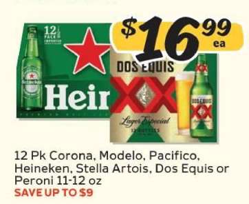 12 Pk Corona, Modelo, Pacifico, Heineken, Stella Artois, Dos Equis or Peroni