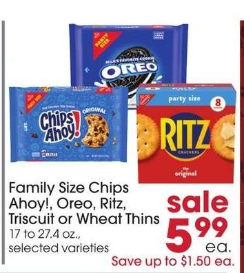 Family Size Chips Ahoy!, Oreo, Ritz, Triscuit or Wheat Thins