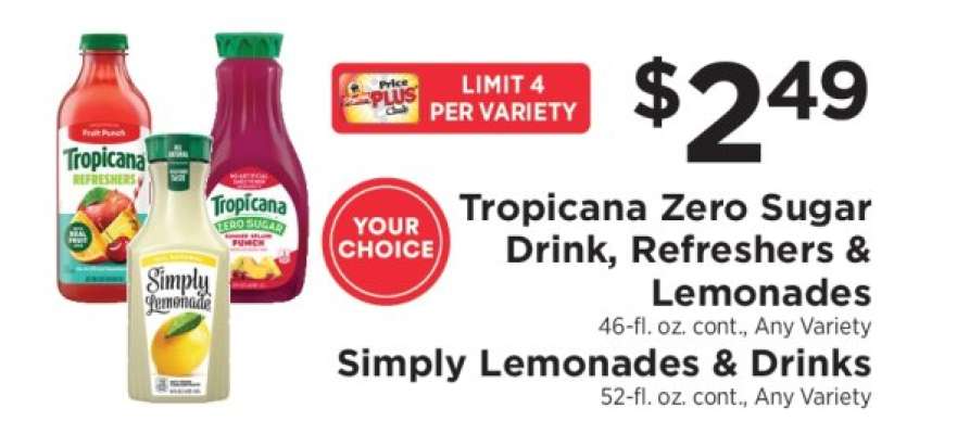 Tropicana Zero Sugar Drink, Refreshers & Lemonades / Simply Lemonades & Drinks