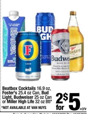 Beatbox Cocktails, Foster's, Bud Light, Budweiser, Miller High Life