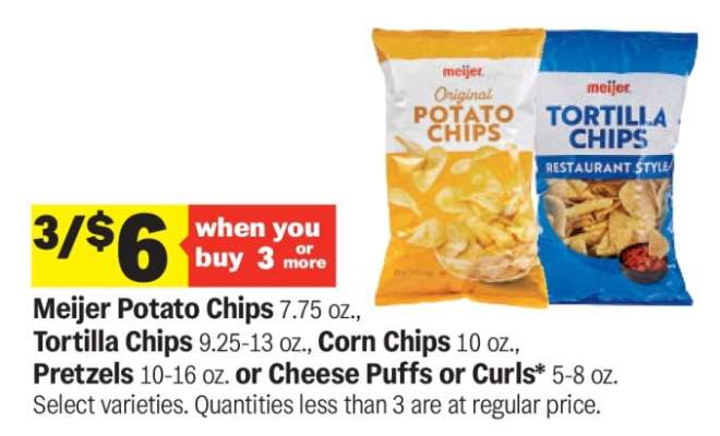 Meijer Potato Chips, Tortilla Chips, Corn Chips, Pretzels, Cheese Puffs or Curls