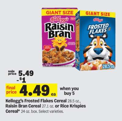 Kellogg’s Frosted Flakes Cereal, Raisin Bran Cereal or Rice Krispies Cereal