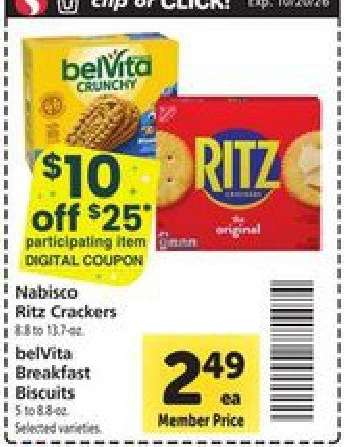 Nabisco Ritz Crackers or belVita Breakfast Biscuits
