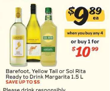 Barefoot, Yellow Tail or Sol Rita Ready to Drink Margarita 1.5 L
