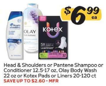 Head & Shoulders or Pantene Shampoo or Conditioner, Olay Body Wash, or Kotex Pads or Liners