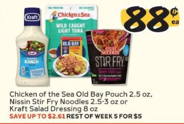 Chicken of the Sea Old Bay Pouch, Nissin Stir Fry Noodles, or Kraft Salad Dressing