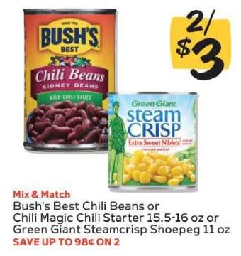 Bush's Best Chili Beans or Chili Magic Chili Starter or Green Giant Steamcrisp Shoepeg