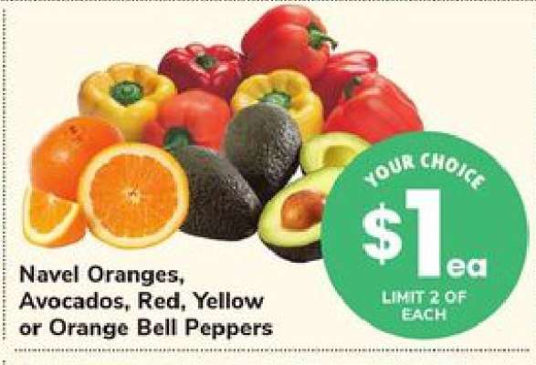 Navel Oranges, Avocados, Red, Yellow or Orange Bell Peppers