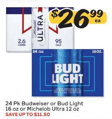24 Pk Budweiser or Bud Light 16 oz or Michelob Ultra 12 oz