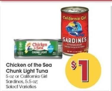 Chicken of the Sea Chunk Light Tuna or California Girl Sardines