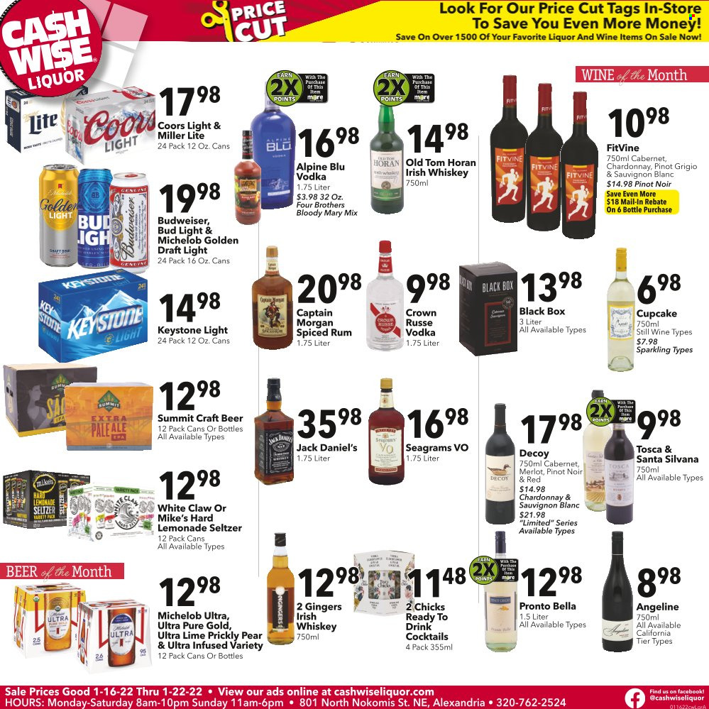 Cash Wise Liquor Only ad  - 01.16.2022 - 01.22.2022.